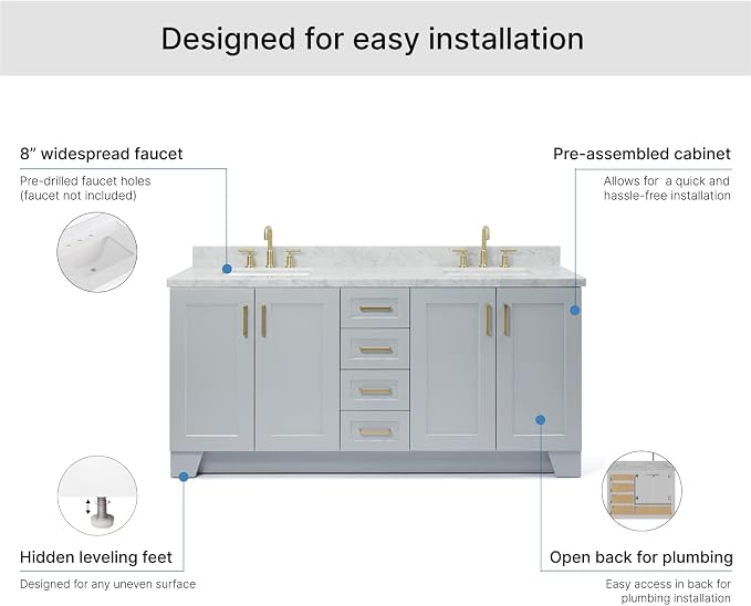 ARIEL Taylor 72-inch Bathroom Vanity with Sink,Solid Wood, 1.5-inch Italian Carrara Marble Countertop & Backsplash, Double Rectangular Porcelain Sink, 4 Soft Closing Doors, 6 Dovetail Drawers, Grey