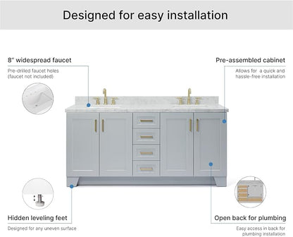 ARIEL Taylor 72-inch Bathroom Vanity with Sink,Solid Wood, 1.5-inch Italian Carrara Marble Countertop & Backsplash, Double Rectangular Porcelain Sink, 4 Soft Closing Doors, 6 Dovetail Drawers, Grey