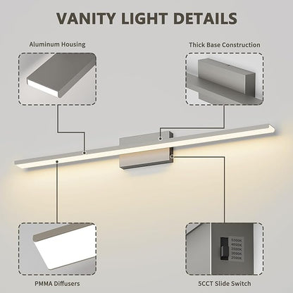 JUSHENG Brushed Nickel Vanity Lights 5CCT Dimmable Vanity Light Bar LED Bathroom Light Fixtures 39.37'' Inch 36W