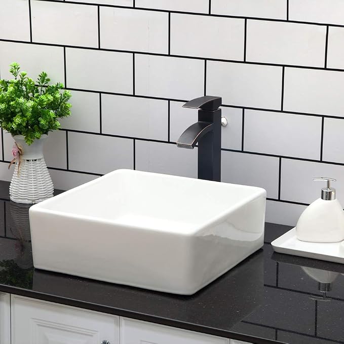 15x15 Square Bathroom Vessel Sink Porcelain Ceramic White Vanity Sink Above Counter Modern Sink for Cabinet, Lavatory, Hotel Art Basin, Home Washing Basin