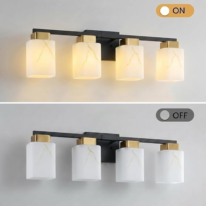 4-Light Square Bathroom Light Fixture, Black and Gold Modern Vanity Light with White Marble Glass Shade, for Bathroom Mirror, Living Room, Bedroom, Hallway, E26 Base