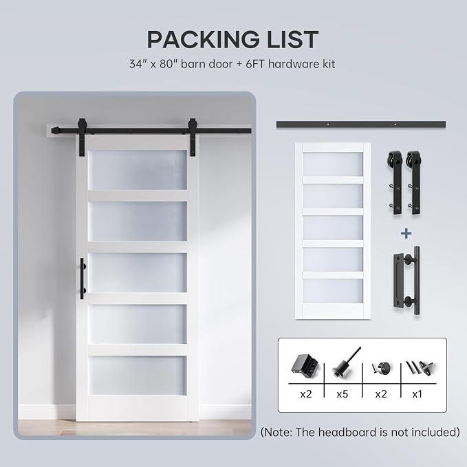 34x80 Inch Glass Sliding Barn Door Slab and 6ft Hardware Kit Included, 5 Frosted Glass, LVL Wood Panel Covered with White Water-Proof Scratch-Proof PVC Surface, Simple DIY Assembly