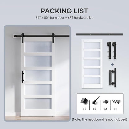34x80 Inch Glass Sliding Barn Door Slab and 6ft Hardware Kit Included, 5 Frosted Glass, LVL Wood Panel Covered with White Water-Proof Scratch-Proof PVC Surface, Simple DIY Assembly