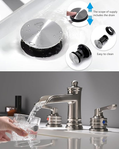 Fapully Brushed Nickel Bathroom Sink Faucet, Waterfall Bathroom Faucets 3 Hole, 8 Inch Widespread Bathroom Faucet with Pop-up Drain, 2-Handle Faucet for Bathroom Sink Vanity RV
