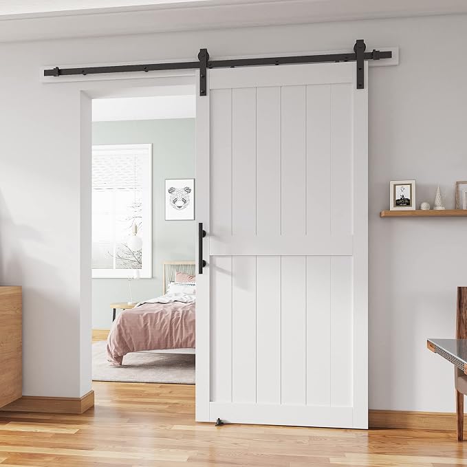 40''x84'' Sliding Barn Door with 7 Ft Barn Door Hardware Kit | Pre-Drilled Holes Easy Assembly - Include Installation Manual, Water-Proof PVC Surface, H-Frame, White