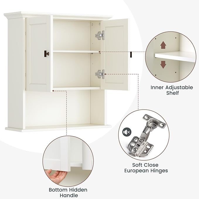 Bathroom Wall Cabinet, Medicine Cabinet Over The Toilet Storage Cabinet Wall Mounted with Build-in Spirit Level Cupboard Hanging Cabinet for Bathroom Laundry Kitchen Living Room, Cream White