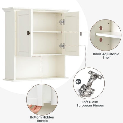 Bathroom Wall Cabinet, Medicine Cabinet Over The Toilet Storage Cabinet Wall Mounted with Build-in Spirit Level Cupboard Hanging Cabinet for Bathroom Laundry Kitchen Living Room, Cream White