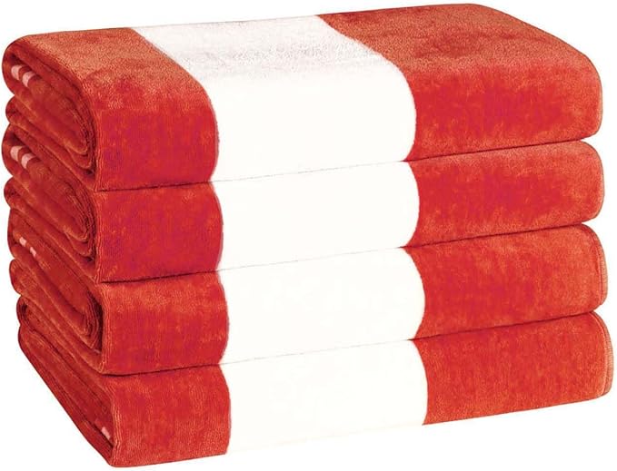 Superior Cotton Striped Beach Towels, Colorful Towels for Adult, Kid, Pool, Swimming, Sand, Travel, Large Oversized, Absorbent, Fast Drying, Bath Basics, Cabana Collection, Set of 4, Coral