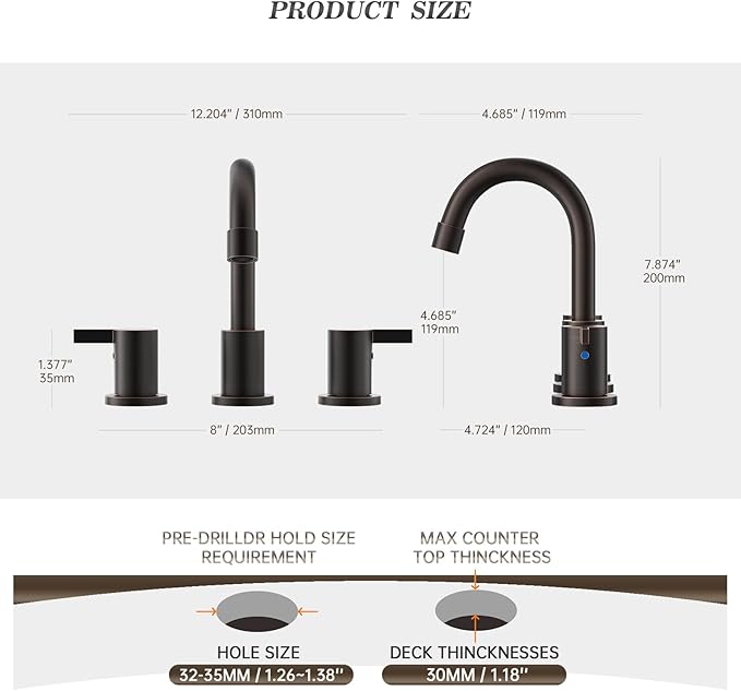 Phiestina 8 Inch 2 Handles 3 Hole Widespread Bathroom Faucet with Valve and Metal Pop-Up Drain, Oil Rubbed Bronze, WF015-1-ORB