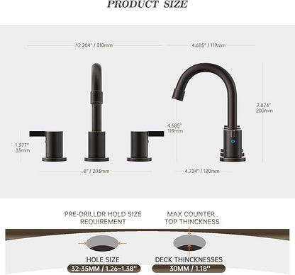 Phiestina 8 Inch 2 Handles 3 Hole Widespread Bathroom Faucet with Valve and Metal Pop-Up Drain, Oil Rubbed Bronze, WF015-1-ORB