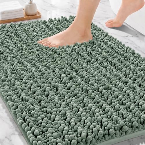 Bathroom Rugs Non Slip Washable 36x24, Extra Thick Soft Chenille Absorbent Bath Mat, High Density Barrier Non Slip Backing, Quick Dry Plush Shaggy Floor Carpet for Tub&Shower, Sage Green