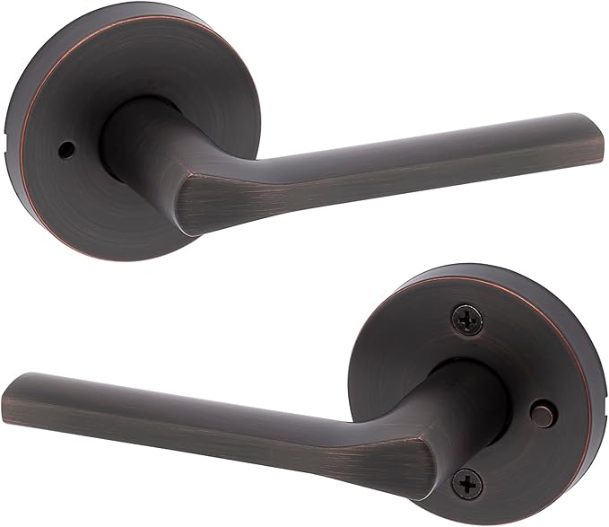 Kwikset Lisbon Interior Privacy Door Handle with Lock, Round Lever for Bathroom and Bedroom, Venetian Bronze Reversible Keyless Push Button Lock Door Lever, with Microban Protection