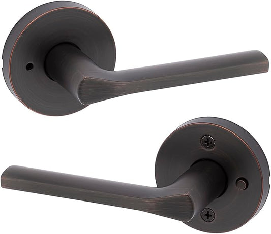 Kwikset Lisbon Interior Privacy Door Handle with Lock, Round Lever for Bathroom and Bedroom, Venetian Bronze Reversible Keyless Push Button Lock Door Lever, with Microban Protection