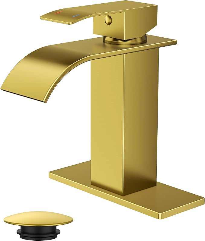 FORIOUS Bathroom Faucet 1 Hole, Waterfall Vanity Sink Faucet Brushed Gold | Bathroom Sink Faucet 1 or 3 Hole, Square Single Handle with 24" cUPC Supply Line and Pop-up Drain, Fits RV Restroom Basin