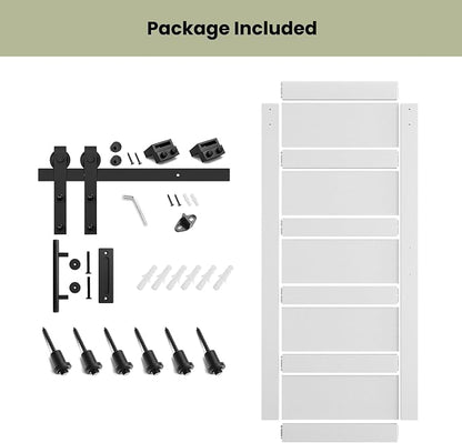 SMARTSTANDARD 42in x 96in Sliding Barn Door with 7FT Hardware Track Kit | Waterproof PVC Surface, Pre-Drilled Holes Easy to Assemble, Solid, MDF, White, 5-Panel