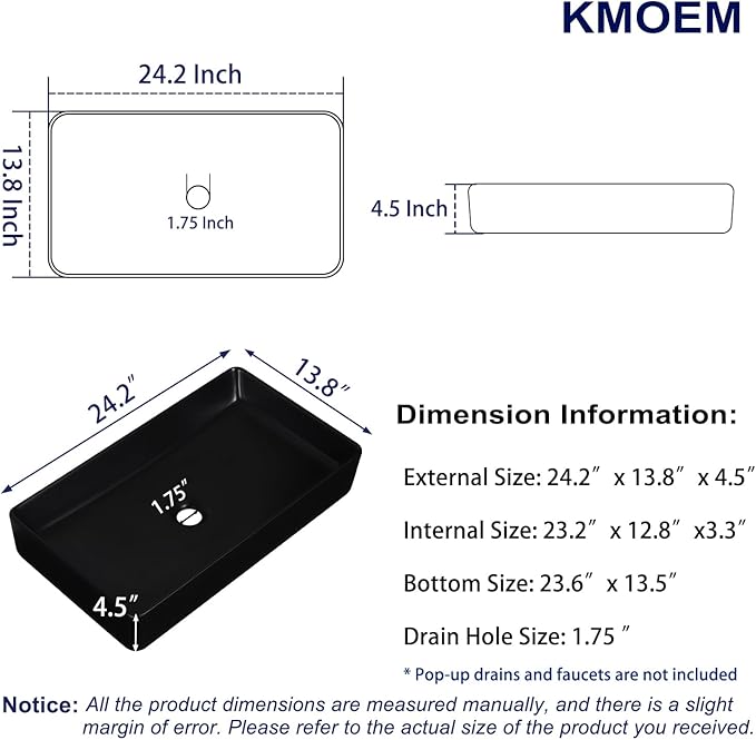 Vessel Sink 24"x14" Rectangular Bathroom Sink Modern Black Porcelain Ceramic Above Counter Drop-in Vanity Sink for Bathrooms Art Basin