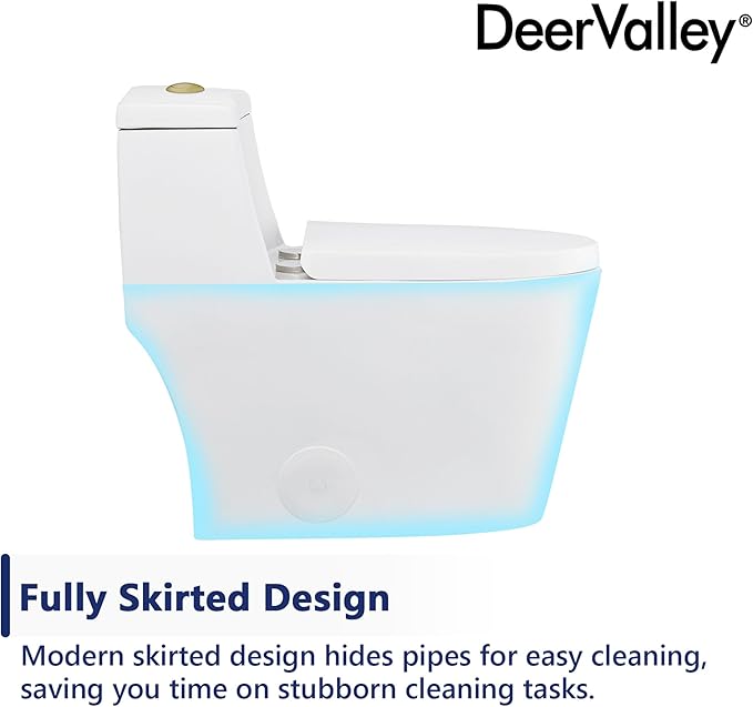 DeerValley Elongated One-Piece Toilet with Standard Height 1.1/1.6 Dual Flush Toilets with Soft Closing Seat and Gold Button