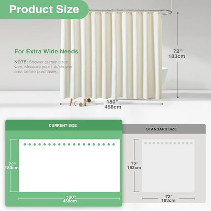 Extra Wide Waffle Shower Curtain 256 GSM Fabric 180x72 Cream/Ivory | 180 Inch Wide, Thick Cloth, Weighted Hem, Water Repellent, Hotel Luxury Polyester Shower Curtain Set for Bathroom 32 Hooks