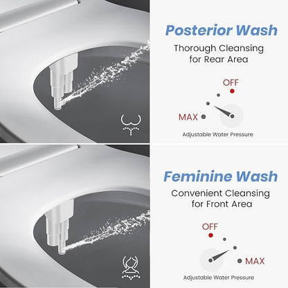Bidet Attachment for Existing Toilet Seats, Ultra-Slim, Non Electric, Dual Nozzle, Rear & Feminine Wash, Fresh Cold Water Sprayer, Badays Bedets Bedits Badette Bidgets, Silver
