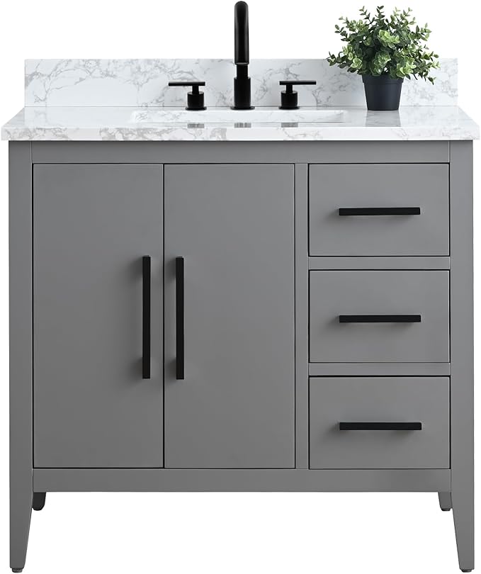 HomeBeyond 36 Inch Bathroom Vanity with Sink & Ceramic Top, Single Vanity Cabinet with Basin, Soft-Closing Doors & Matte Black Hardware, Grey