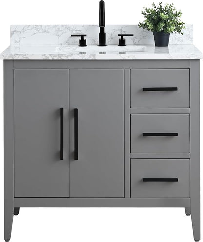 HomeBeyond 36 Inch Bathroom Vanity with Sink & Ceramic Top, Single Vanity Cabinet with Basin, Soft-Closing Doors & Matte Black Hardware, Grey