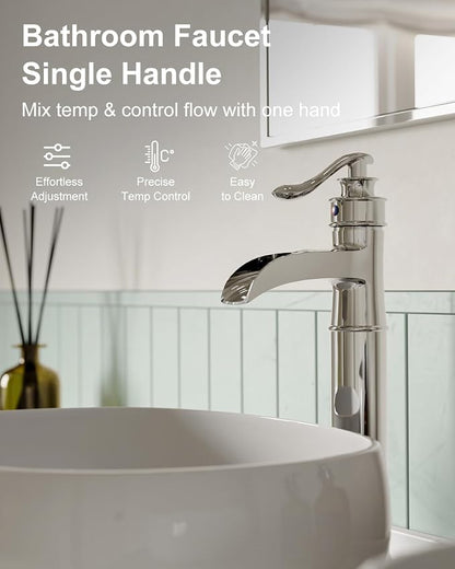 BWE Vessel Sink Faucet Chrome Polished Waterfall Spout Tall Body 1 Hole | Tall Bathroom Faucets with Pop Up Drain Assembly Without Overflow Supply Lines Lavatory Vanity Faucets Commercial