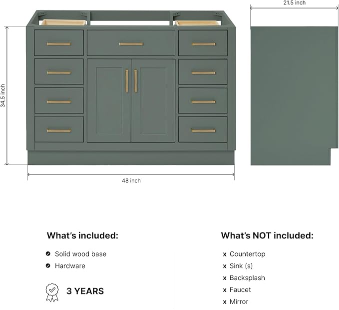 ARIEL Hepburn 48-inch Bathroom Vanity Base Cabinet,Solid Wood, 2 Soft Closing Doors, 9 Dovetail Drawers, Vintage Green