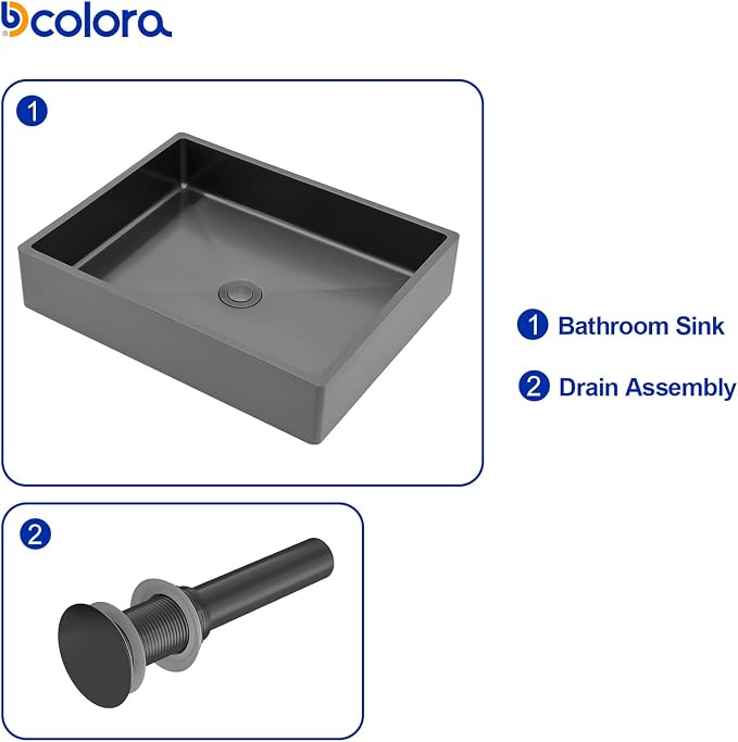 Dcolora 19 In. Black Drop In Bathroom Vessel Sink, 16 Gauge Stainless Steel, Rectangle Design with Drain Assembly, 15"D x 19"W x 4"H #DC-VS261203