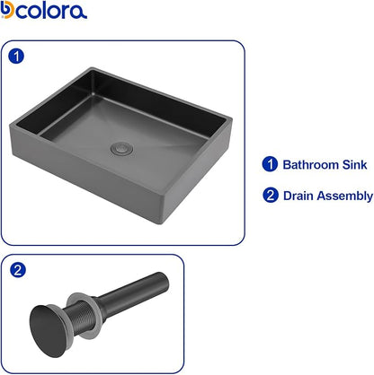 Dcolora 19 In. Black Drop In Bathroom Vessel Sink, 16 Gauge Stainless Steel, Rectangle Design with Drain Assembly, 15"D x 19"W x 4"H #DC-VS261203