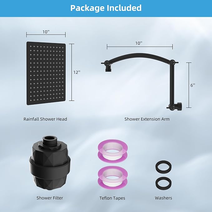 Hibbent 12'' Filtered Rain Shower Head with 16'' Extension Arm, Matte Black | High Pressure Rainfall Showerhead, Brass Adjustable Shower Head Extension Arm, 20 Stage Shower Filter, Fixed Showerheads