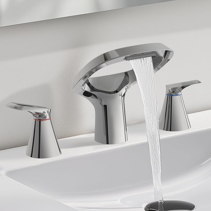 Bathroom Faucets for Sink 3 Hole, Bezeit 8 Inch Widespread Bathroom Faucet with Waterfall Spout, Solid Brass Chrome Faucet with 2 Handles and Water Supply Hoses