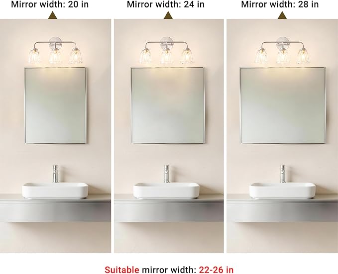 Vintage Batheoom Vanity Light, Brushed Nickel Vanity Lighting, Elegant 3-Light Bathroom Light with Flower Glass Shade, Lighting Fixture over Mirror, Wall Sconce Lighting for Bedroom Living Room