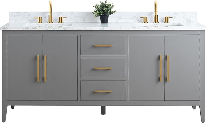 Vanity Art 72 inch Bathroom Vanity with Double Sink & Ceramic Top, Vanity Cabinet with Soft-Closing Doors, Drawers, Solid Wood Frame, Cashmere Gray, Golden Brushed Handware