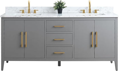 Vanity Art 72 inch Bathroom Vanity with Double Sink & Ceramic Top, Vanity Cabinet with Soft-Closing Doors, Drawers, Solid Wood Frame, Cashmere Gray, Golden Brushed Handware