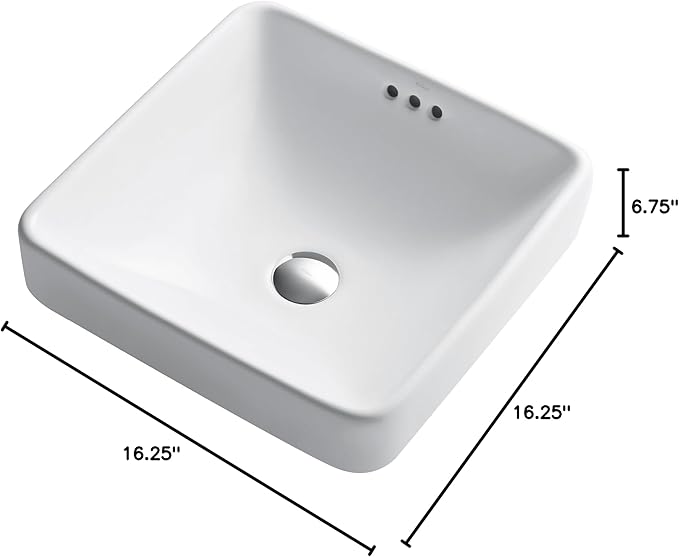 KRAUS Elavo Square Semi-Recessed Vessel White Porcelain Ceramic Bathroom Sink with Overflow, 16 1/2 inch KCR-281
