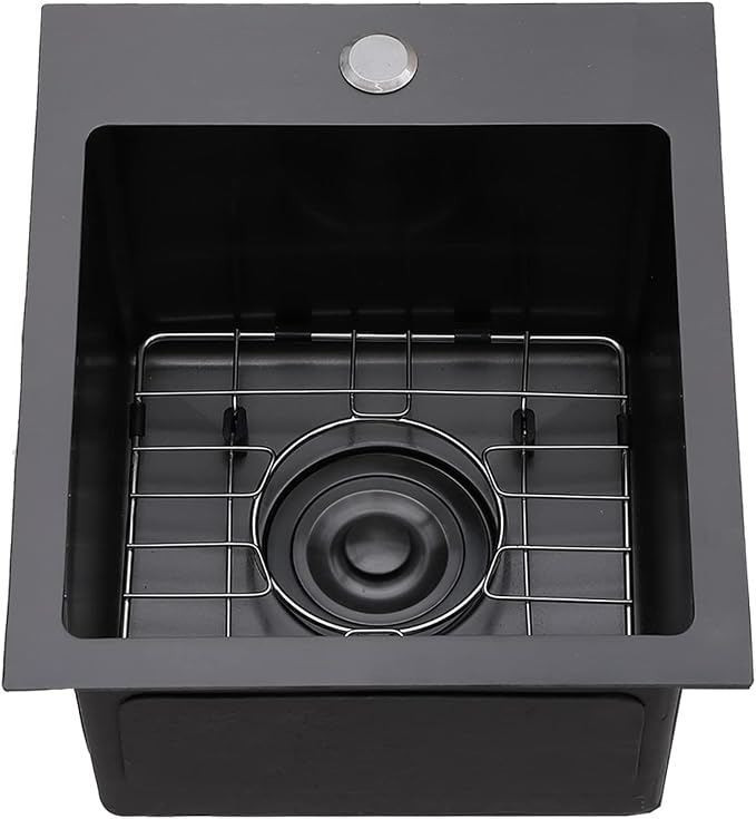 VCCUCINE Gunmetal Black Bar Sink Drop in, 13x15 Inch Topmount RV Small Kitchen Sink, Handmade Stainless Steel Wet Bar Sink, Outdoor Single Bowl Prep Sink with Dish Grid & Drain