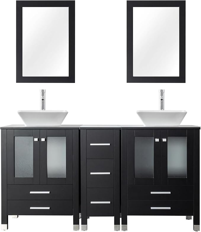 LUCKWIND 60" Double 24" Bathroom Vanity with Sink Combo, Elegant Series with One 12.6-in Side Cabinet, Painted Frame, Including White Square Sinks, Faucets Without Mirrors, Black