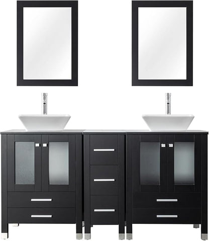 LUCKWIND 60" Double 24" Bathroom Vanity with Sink Combo, Elegant Series with One 12.6-in Side Cabinet, Painted Frame, Including White Square Sinks, Faucets Without Mirrors, Black