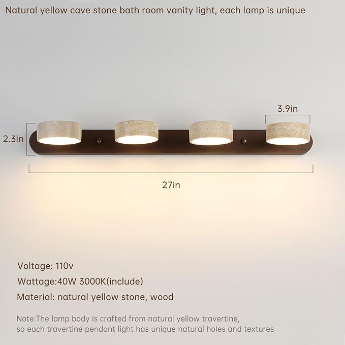 Wood Farmhouse Bathroom Vanity Light,Natural Stone Travertines Walnut Wall Lamp 4 Lights Travertine Shade Wabi Sabi Lamp, Linear Bathroom Vanity Lighting Rotatable 40W LED Wall Fixture Over Mirror