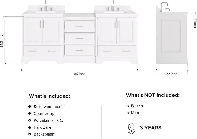 ARIEL Stafford 84-inch Bathroom Vanity with Sink,Solid Wood, 1.5in Carrara White Quartz Countertop & Backsplash, Double Rectangular Porcelain Sink, 4 Soft Closing Doors, 5 Dovetail Drawers, White