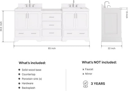 ARIEL Stafford 84-inch Bathroom Vanity with Sink,Solid Wood, 1.5in Carrara White Quartz Countertop & Backsplash, Double Rectangular Porcelain Sink, 4 Soft Closing Doors, 5 Dovetail Drawers, White