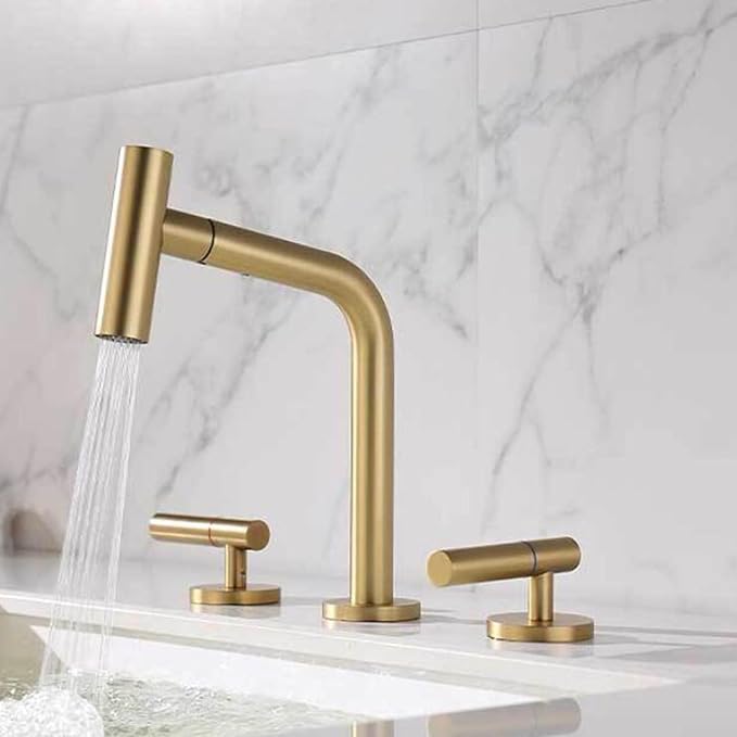 3 Hole Basin Faucets Pull Out Basin Mixer Faucet Brushed Gold Bathroom Mixer Faucet Brass-Brushed Gold