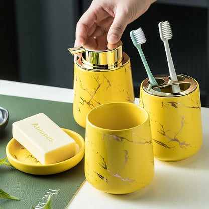 YYW Ceramic Bathroom Accessory Set, Marble Soap Dispenser Washing Set- Hand Lotion Dispenser Pump, Toothbrush Holder,Tumblers, Soap Dish-Refillable Liquid Dispenser (Yellow Four Piece)
