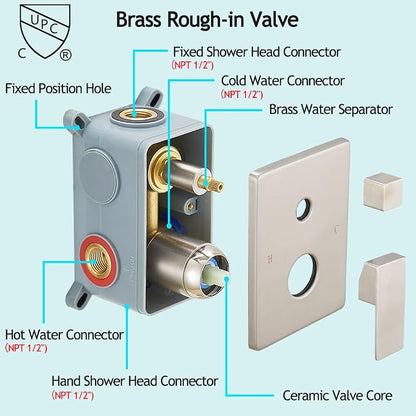 Shower Faucet Set Complete, Wall Mount Shower System for Bathroom 12 Inch High-Pressure Rainfall Shower with Handheld, Rough-in Valve Body and Trim Kit, Brushed Nickel