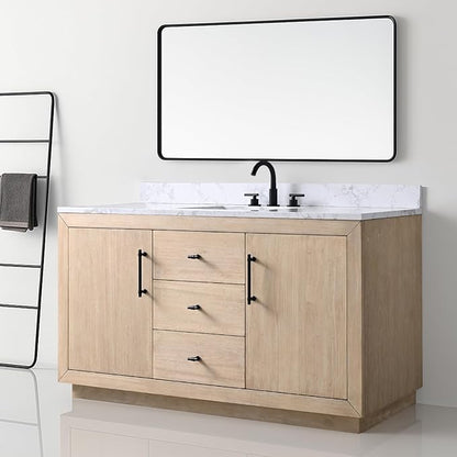 Vanity Art 60" Bathroom Vanity with Sink, Vanity Cabinet with Doors and Shelf, Modern Wood Bathroom Vanity with White Marble Top, Solid Wood Frame, 3 Functioning Drawers,VA70-60-SLW-E