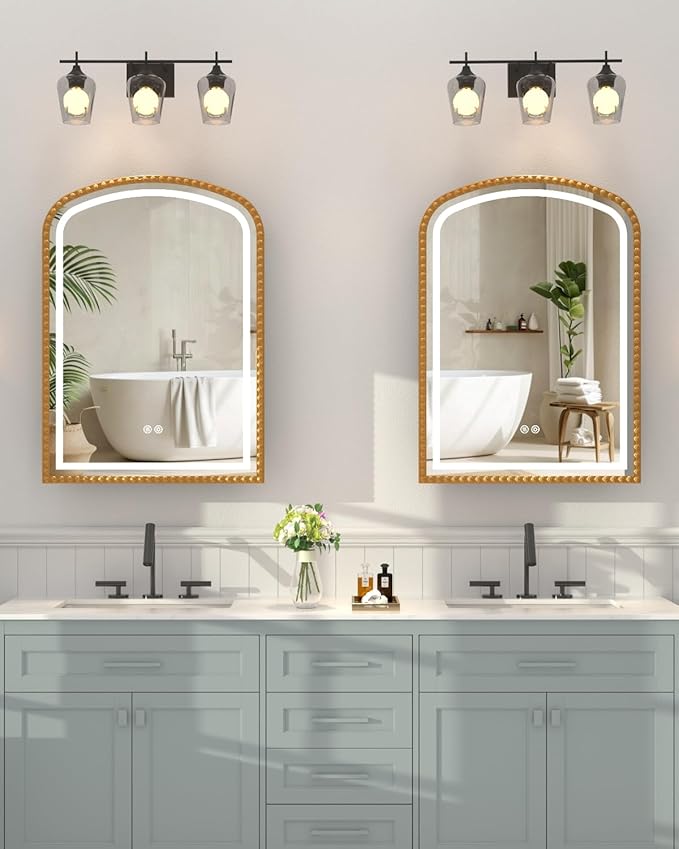 20x28 Inch Arched Medicine Cabinet with Mirror and Lights, LED Bathroom Mirror Cabinet with Defogging & Touch Light, Surface Mount and Recessed with 1 Storage Organizer, Daisy Beaded Frame Bling Gold