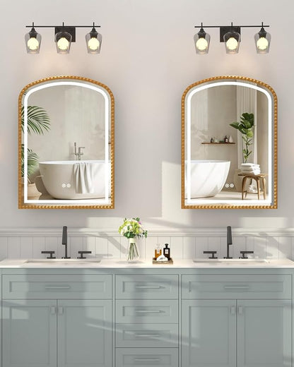 20x28 Inch Arched Medicine Cabinet with Mirror and Lights, LED Bathroom Mirror Cabinet with Defogging & Touch Light, Surface Mount and Recessed with 1 Storage Organizer, Daisy Beaded Frame Bling Gold