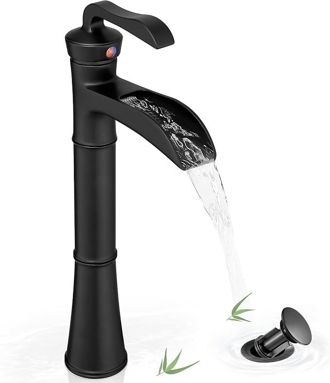 Black Waterfall Tall Bathroom Faucet Single Hole, Brass Bathroom Vessel Sink Faucet Single Handle with Pop-Up Drain & Pre-Installed Hoses, No Noise