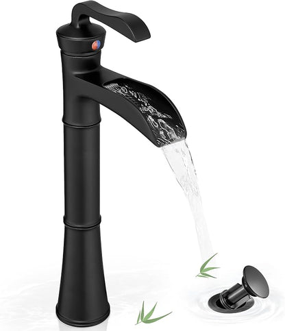 Black Waterfall Tall Bathroom Faucet Single Hole, Brass Bathroom Vessel Sink Faucet Single Handle with Pop-Up Drain & Pre-Installed Hoses, No Noise