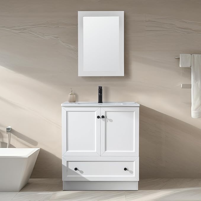 LUCKWIND 30" Farmhouse Bathroom Vanity with Sink Combo, Rustic Modern Bathroom Cabinet with Undermount Solid Surface Single Sink, Soft-Close Hinges & Water-Saving Faucet, White